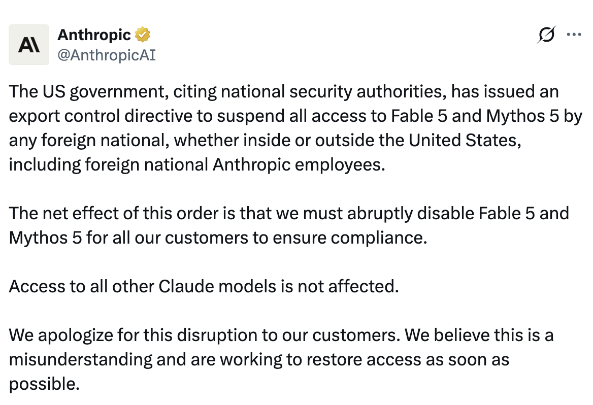 Anthropic's announcement that Fable 5 was being suspended