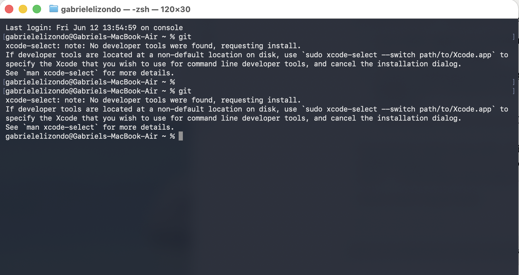 Terminal showing that Git was not yet installed
