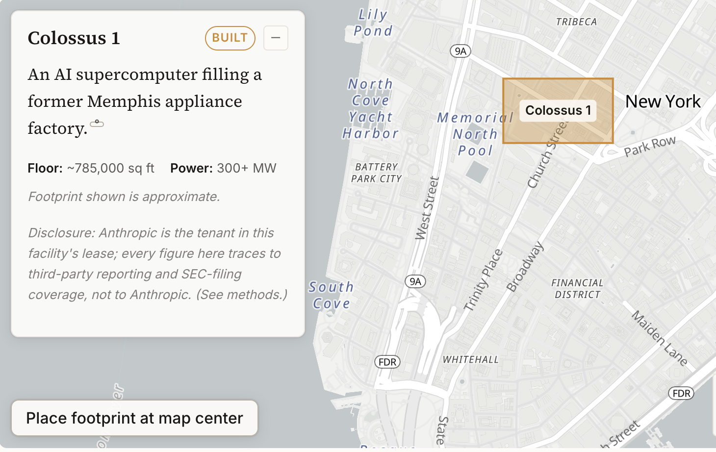 Interactive map showing the footprint of the Colossus 1 AI data center overlaid on Lower Manhattan at true scale.