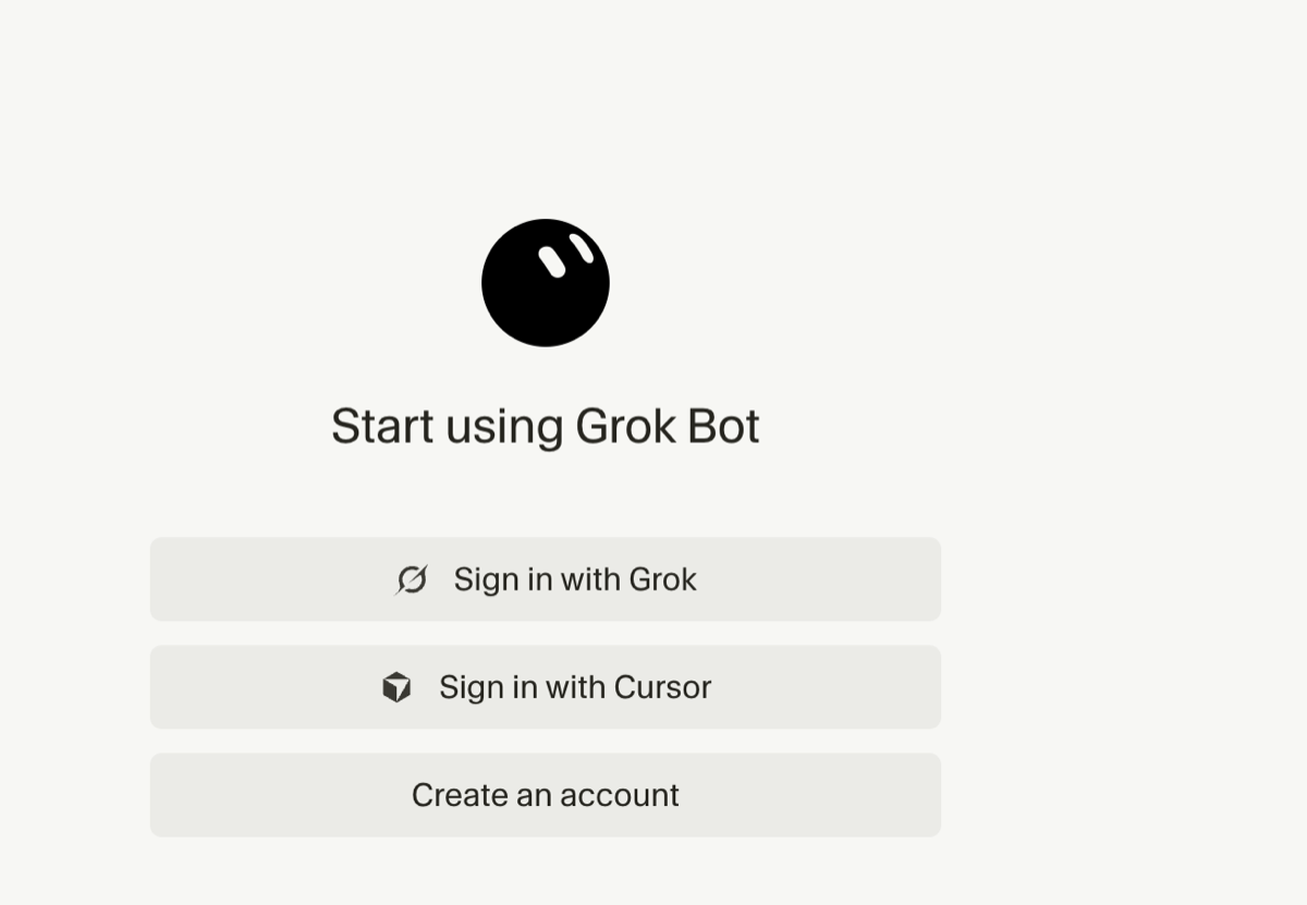 Grok Bot sign-in page offering three options: Sign in with Grok, Sign in with Cursor, and Create an account.